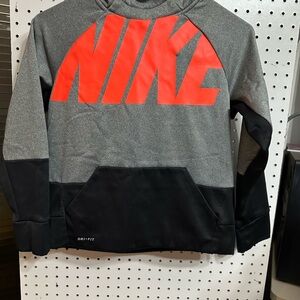 Boys Size Medium Nike hoodie 10/12 size range. Grey, black and neon orange